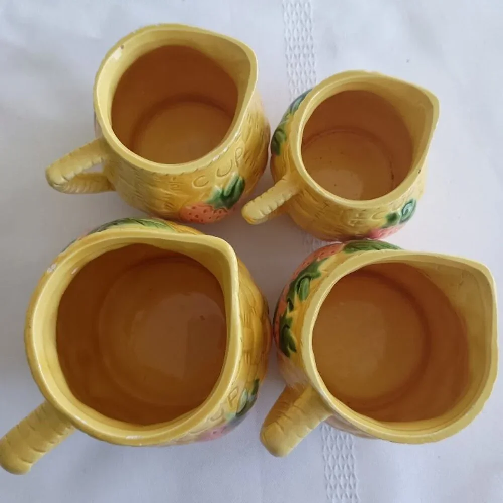 Vintage Ceramic Strawberry Basket Weave Pitcher Measuring Cup Set